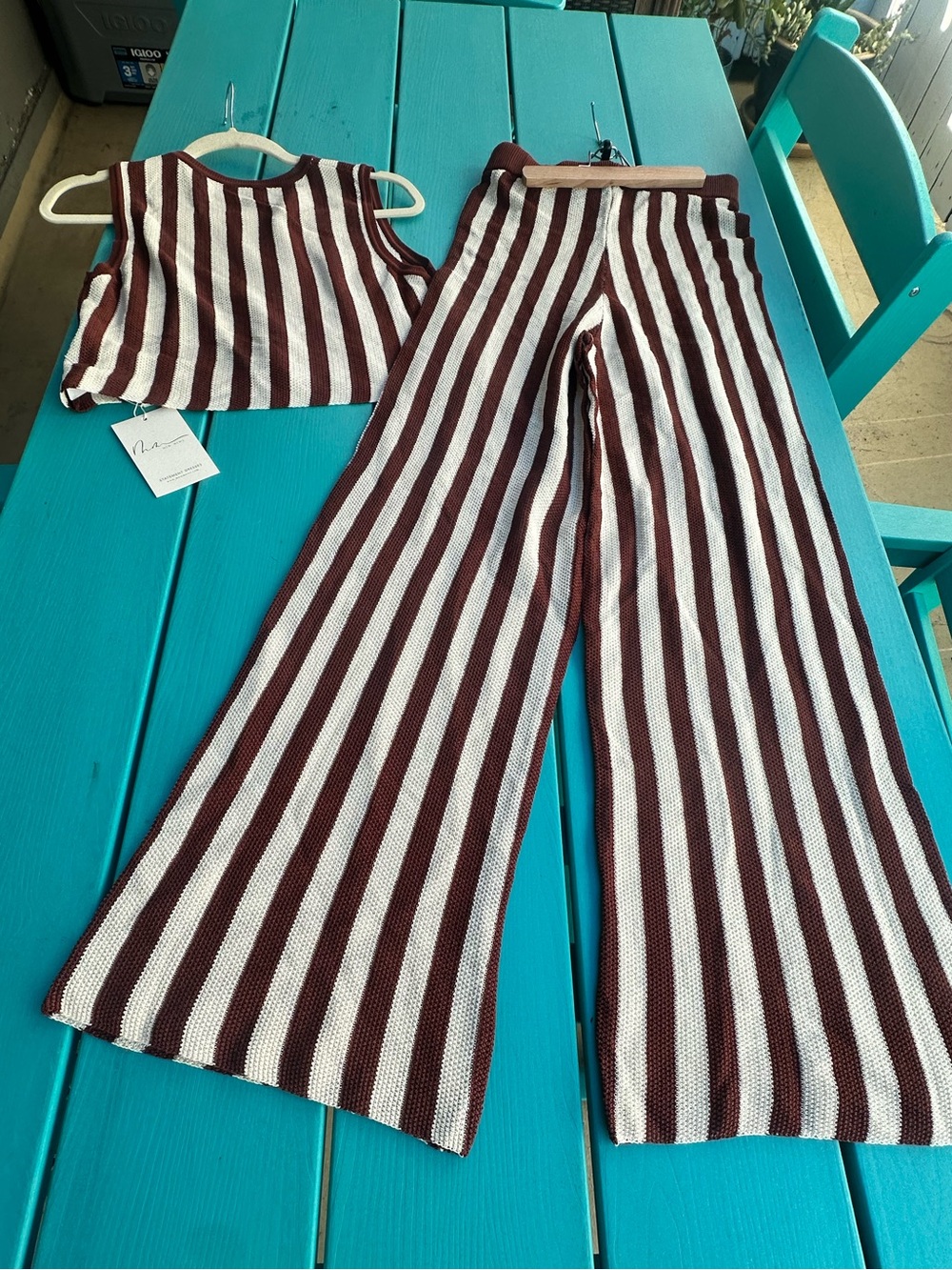 Striped Wide-Leg Knit Pants and Top (set) in Burgundy & White